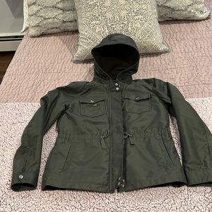 JCrew hooded rain jacket. Excellent condition. Olive green, brown fleece lining